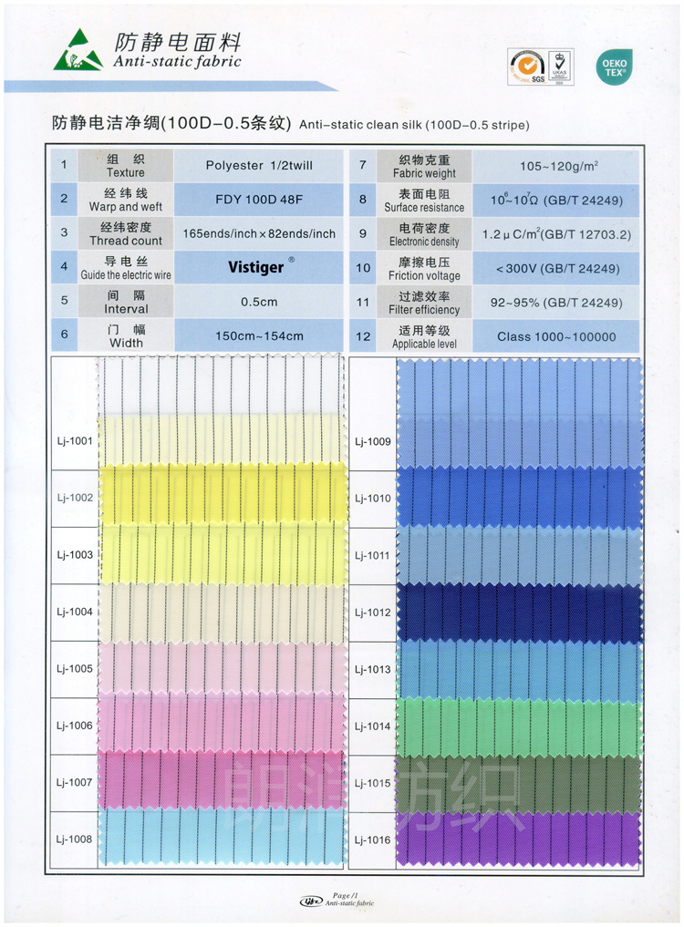 防靜(jìng)電(diàn)潔淨綢100D 0.5條紋
